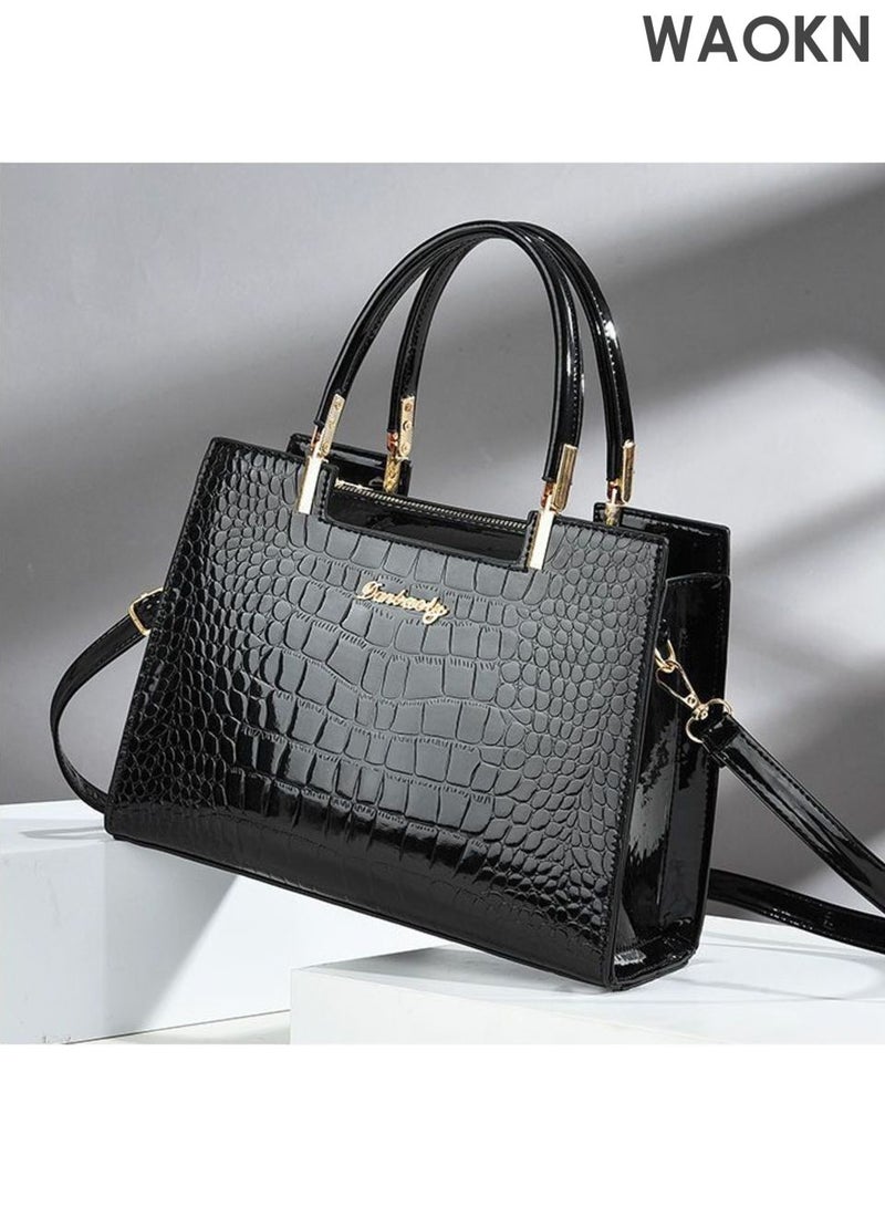 Women handbags Purse Shiny Patent , Leather Crocodile Pattern Top Handle Handbag , Satchel Bags , Zipper Medium Tote Bag , suitable for shopping, commuting to work, and going to school , unisex , black . - Image 5